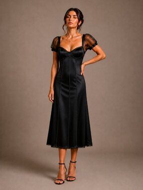 NWT Dolce & Gabbana Black Satin Silk Bustier Dress Sheer Cap Sleeves Sz 48 US 12